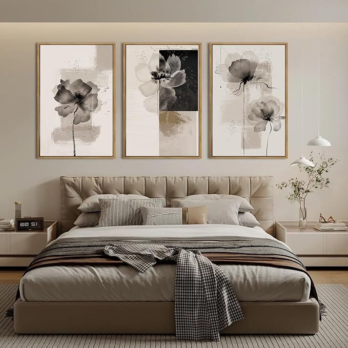 IARTTOP Oversized Framed Black Abstract Neutral Wall Art 24x36 Inch Large Modern Beige Gray Floral Canvas Wall Decor Minimalist White Flower Art Prints for Living room Bedroom Set of 3
