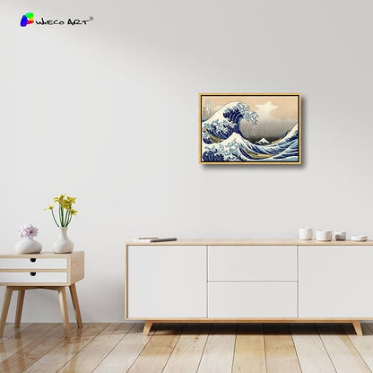 Wieco Art Framed Art Great Wave of Kanagawa Katsushika Hokusai Giclee Canvas Prints Wall Art Abstract Seascape Paintings for Home Living Room Decorations Bronze Gold Frame