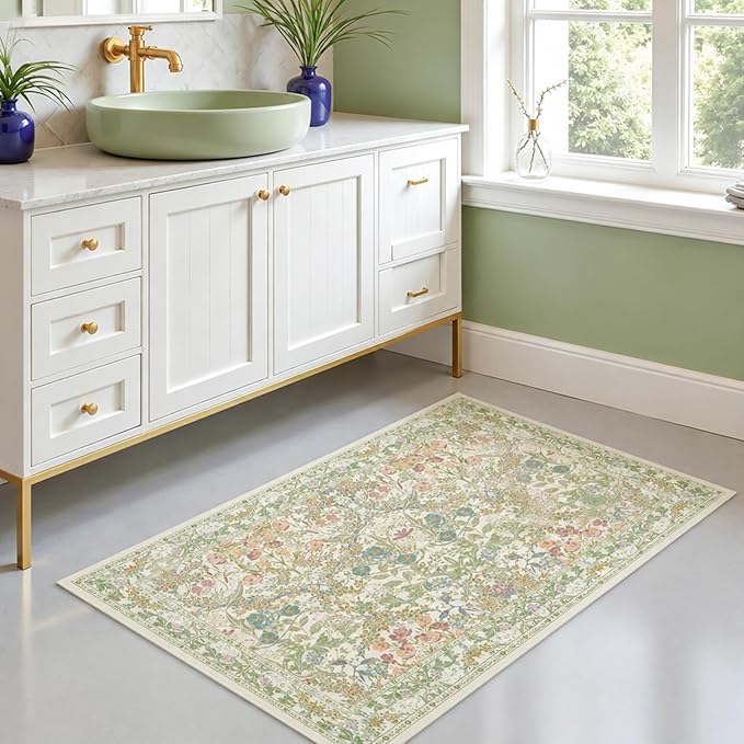 Sage Green Soft Bedside Non Slip Washable Rugs, 2x3 Farmhouse Small Rug for Kitchen, Indoor Entrance, Laundry, Bathroom - Boho Throw Front Door Mat, Soft Cottagecore Art Deco Carpet with Low Pile