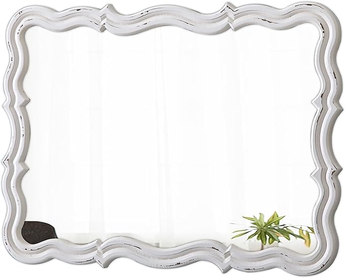Rustic Scalloped Wall Mirror Decorative 24 X 18 Inch, Hanging Distressed White Wavy Wooden Frame Farmhouse Rectangular Mirrors for Wall Decor Living Room Bathroom, Horizontal or Vertical