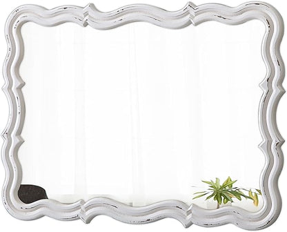 Rustic Scalloped Wall Mirror Decorative 24 X 18 Inch, Hanging Distressed White Wavy Wooden Frame Farmhouse Rectangular Mirrors for Wall Decor Living Room Bathroom, Horizontal or Vertical