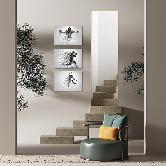 Football Canvas Wall Art Prints Set of 3, Framed Football Posters Wall Decor, Sports Room Decor For Men Kids Teenagers, Football Poster Set For Bedroom Man Cave, Boys Bedroom Decor