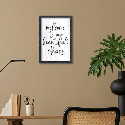 AuraPeak Welcome To Our Beautiful Chaos Sign Home Living Room Wall Decor Modern Family Rustic Farmhouse House Entryway Bedroom Hanging Horizontal Plaque Wall Art (Black 16"×11")