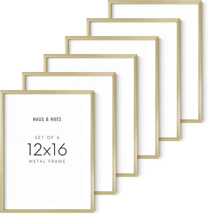 HAUS AND HUES 12x16 Gold Picture Frames - Modern Aluminum Wall Display - Lightweight Frames for Posters and Artwork - Ready-to-Hang Vertically & Horizontally (Set of 6)