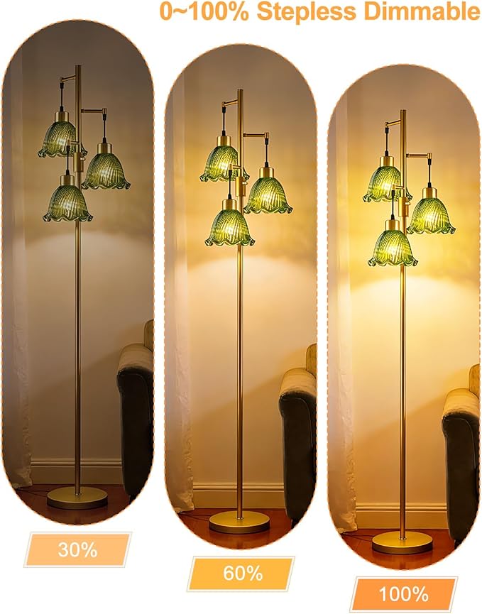 3-Light Modern Glass Floor Lamp, Gold Standing Tall Lamp with Green Lily Glass Shade for Reading, Dimmable LED Floor Lamp with 5Lbs Heavy Base for Living Room Bedroom Home Decor, Bulb Included