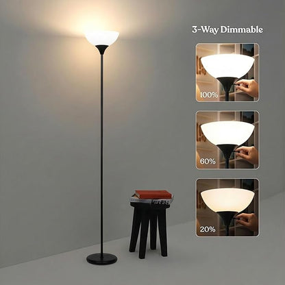 Brightech Sky Dome Dimmable LED Floor Lamp, Torchiere Floor Lamp for Living Room, Bedroom, & Office – Tall Torch Standing Lamp for Reading, Modern Home Decor – Jet Black