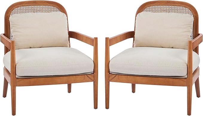 Christopher Knight Home Nadine Accent Chairs Set of 2, Wooden Club Chair, Rattan Open Back Armchair, Accent Reading Sofa Chair with Cushions, Club Chairs Set of 2 for Living Room Bedroom, Beige+Teak