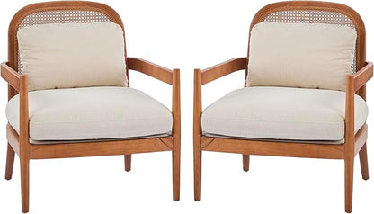 Christopher Knight Home Nadine Accent Chairs Set of 2, Wooden Club Chair, Rattan Open Back Armchair, Accent Reading Sofa Chair with Cushions, Club Chairs Set of 2 for Living Room Bedroom, Beige+Teak