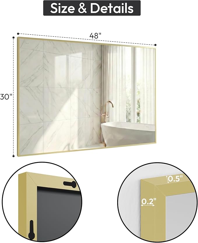 30" x 48" Gold Wall Mirror, 48" x 30" Large Metal Framed Accent Mirror, Horizontal Decor for Dining Room & Bathroom Vanity