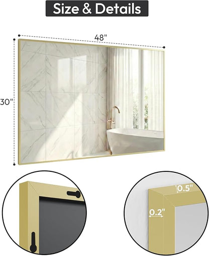 30" x 48" Gold Wall Mirror, 48" x 30" Large Metal Framed Accent Mirror, Horizontal Decor for Dining Room & Bathroom Vanity