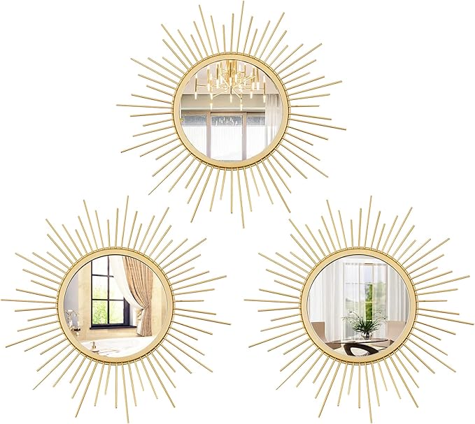 3 Set Sunburst Mirrors for Wall Decor Living Room Bedroom Bathroom Dining Room Metal Boho Sunburst Wall Mirror Set Gold Metal Vintage Circle Art Pack - Gold 11.8 in