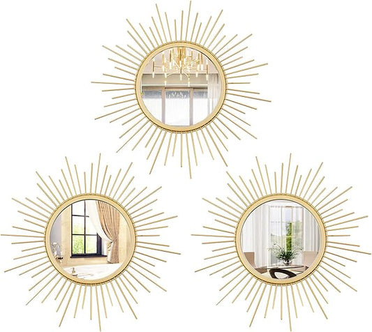 3 Set Sunburst Mirrors for Wall Decor Living Room Bedroom Bathroom Dining Room Metal Boho Sunburst Wall Mirror Set Gold Metal Vintage Circle Art Pack - Gold 11.8 in