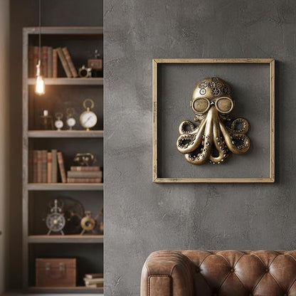 JJALIGHTS Exquisite Resin Animal Head Wall Sculpture (Gift Metal Frame) - octo Imitation Copper Vintage Decor for Living Room, Bedroom & Office | Decorative Wall Hanging Art (Octopus)