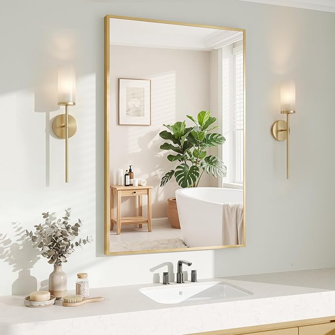 Koonmi Gold Mirrors for Wall, 24x36 Inch Bathroom Mirror, Rectangular Wall Mirror for Living Room Bedroom Bathroom, Hangs Horizontally or Vertically