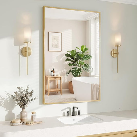 Koonmi Gold Rectangle Wall Mirror, 20x30 Inch Bathroom Mirror, Aluminum Frame Vanity Mirror for Entryway, Living Room, Bedroom Bathroom, Hangs Horizontally or Vertically