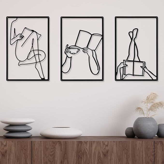 CHENGU 3 Pieces Metal Minimalist Abstract Woman Wall Art Line Drawing Wall Art Decor Single Line Female Home Hanging for Kitchen Bathroom Living Room