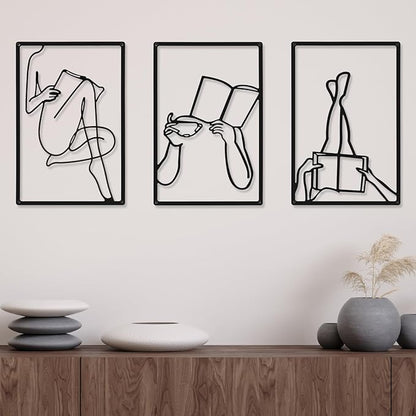 CHENGU 3 Pieces Metal Minimalist Abstract Woman Wall Art Line Drawing Wall Art Decor Single Line Female Home Hanging for Kitchen Bathroom Living Room