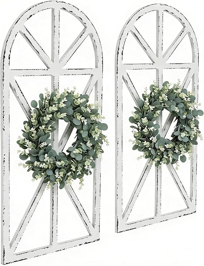 SwallowLiving Set of 2 Large Farmhouse Window Frame Wall Decor, 16x32 Inch Rustic Cathedral Arch Wood Wall Art, Distressed White Faux Church Window Frames for Living Room, Bedroom Entryway (NO WREATH)