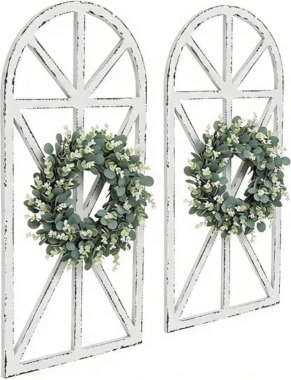 SwallowLiving Set of 2 Large Farmhouse Window Frame Wall Decor, 16x32 Inch Rustic Cathedral Arch Wood Wall Art, Distressed White Faux Church Window Frames for Living Room, Bedroom Entryway (NO WREATH)