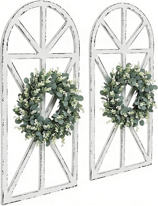 SwallowLiving Set of 2 Large Farmhouse Window Frame Wall Decor, 16x32 Inch Rustic Cathedral Arch Wood Wall Art, Distressed White Faux Church Window Frames for Living Room, Bedroom Entryway (NO WREATH)