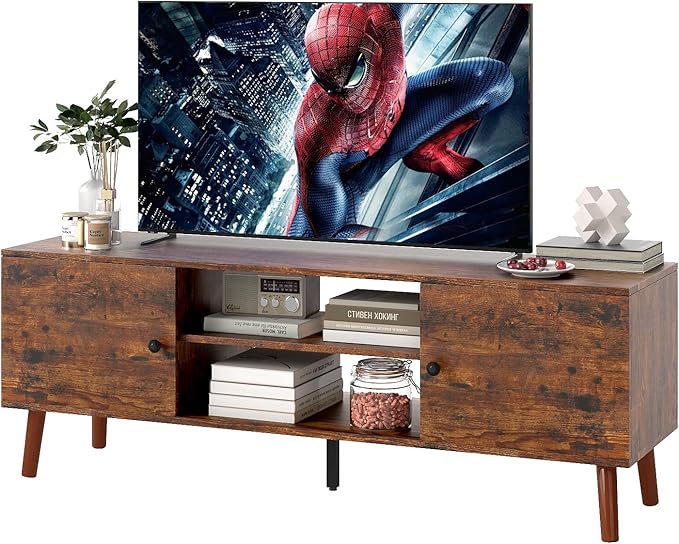 FDW TV Stand for 55 60 Inch TVs,Entertainment Center with 2 Storage Cabinets and Open Shelves, Modern Media Console Table for Living Room, Bedroom, Home Office,Brown