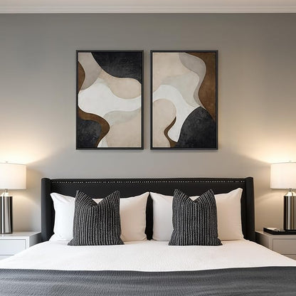 Framed Neutral Abstract Minimalist Wall Art, 2 Piece Large Modern Canvas Prints Paintings Artwork for Walls, Black Beige Brown Abstract Art Pictures for Living Room Dining Bedroom Wall Decor 20x30 In