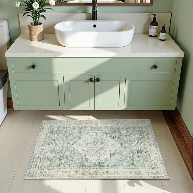 LIVEBOX Washable Rug 2x3 Kitchen Mats for Floor Entryway, Non Slip Front Door Mat for Bathroom Hallway, Boho Low-Pile Small Carpet Farmhouse Throw Indoor Rugs for Bath Sink, Sage Green