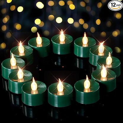 merrynights Green LED Candles, 12 Pack Tea Lights Candles Battery Operated, Flameless Tealight Candle, Realistic Tea Lights for Halloween Christmas Party Decor Mardi Gras
