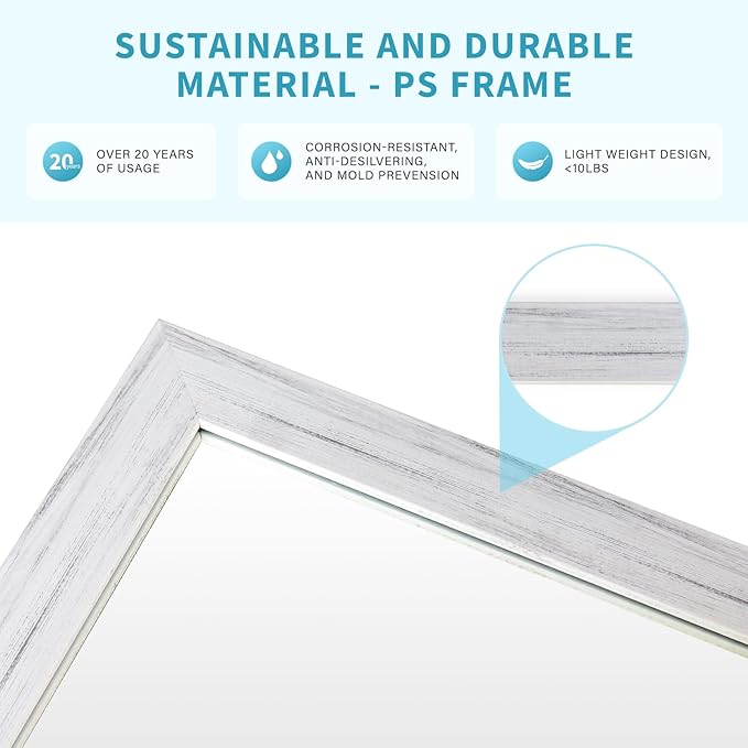 White Wood Effect Framed Wall Mirror, 24x36 Rectangle Mirror, Anti-desilvering Tempered Glass, Sustainable& Sturdy Frame, Farmhouse Mirror, Anti-Rust, 3min Fast Setup for Bathroom Living Room