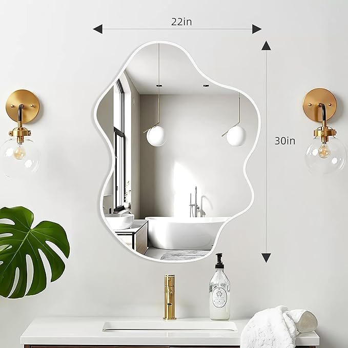 White Framed Bathroom Mirror 22''x30'', Irregular Clouds Shaped Decorative Mirrors with Tempered Glass for Bedroom Bathroom Living Room or Entryway
