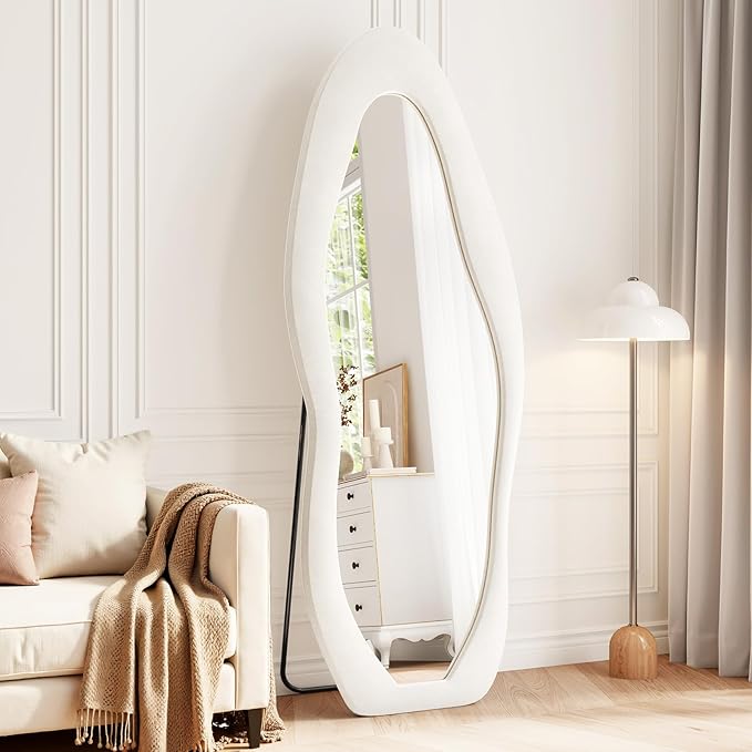 Full Length Mirror, 63"x24" Full Body Mirrors, Flannel Floor Mirrors with Stand, Irregular Wavy Mirror Hanging or Leaning Against Wall for Bedroom Living Room, Beige