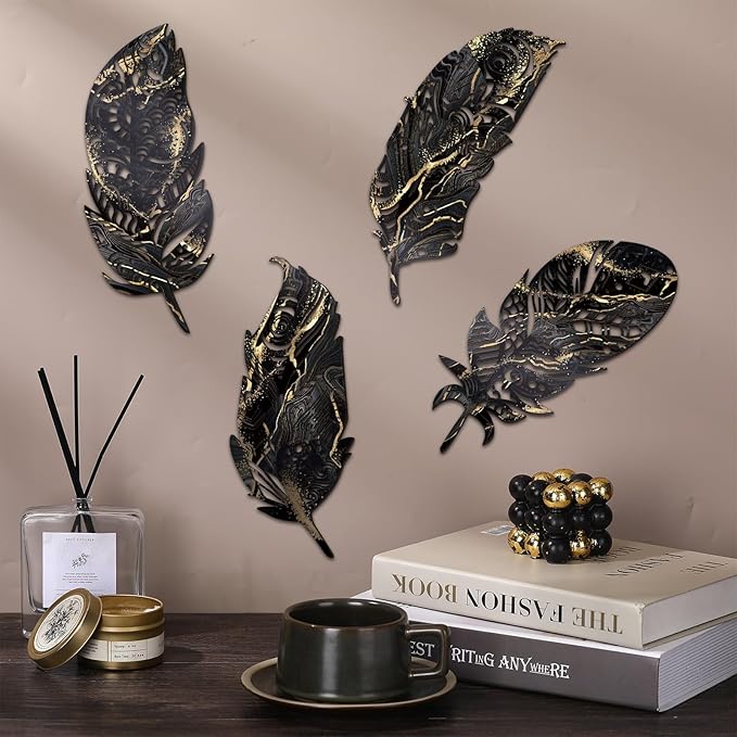 Qunclay 4 Pieces Feather Wall Decor Wooden Feather Wall Art Boho Wall Decor Laser Cut Hanging Mandala Large Rustic Farmhouse Wood Sign for Home Living Room Bedroom Bathroom Kitchen(Black, Gold)