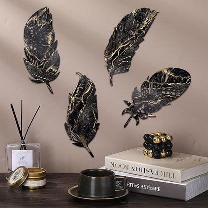 Qunclay 4 Pieces Feather Wall Decor Wooden Feather Wall Art Boho Wall Decor Laser Cut Hanging Mandala Large Rustic Farmhouse Wood Sign for Home Living Room Bedroom Bathroom Kitchen(Black, Gold)