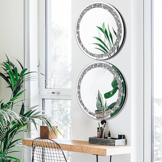 QMDECOR Crystal Crush Diamond Silver Mirror 2 Pack Diameter 12inch Round Shape with Iron Chain Real Glass Mirror for Wall Decor