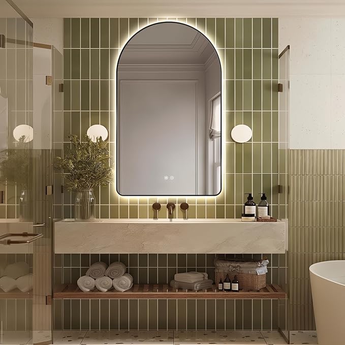 Niccy Arched LED Lighted Bathroom Mirror, 40x24 Inch Backlit Vanity Bathroom Mirror with Lights Brushed Black Framed Wall Mounted Mirrors with 3 Color Shatterproof Arch Smart Fog Free Mirror