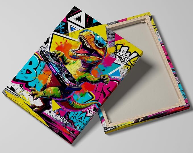12x16 Inch Graffiti DJ Dinosaur Canvas Wall Art Prints, Colorful Music T-Rex with Turntable & Sunglasses Pop Decor, Vibrant Street Wall Photo for Teen Boy Game/Living Room, Funny Kids Bedroom Poster