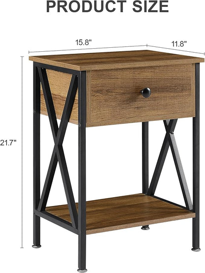 VECELO Night Stand Set of 2, End Tables with Drawer, 2-Tier Bedside Tables with X Shaped, Side Table Stand with Storage Shelf for Living Room/Bedroom,Walnut Brown