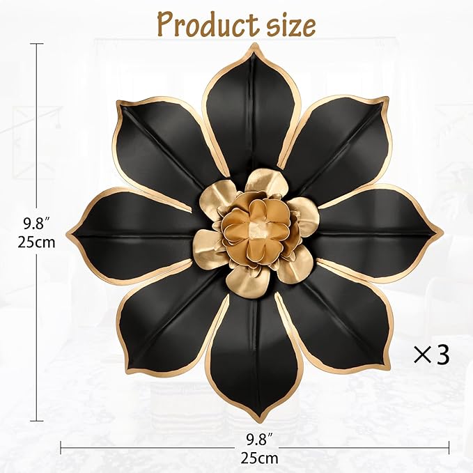Metal Flowers Wall Decor Black and Gold Wall Art Decorations Hanging 3 Pc Rustic Modern Floral Sculpture Wall Accent Artwork Indoor Outdoor for Bathroom Kitchen Bedroom Living Room Patio Porch 10 Inch