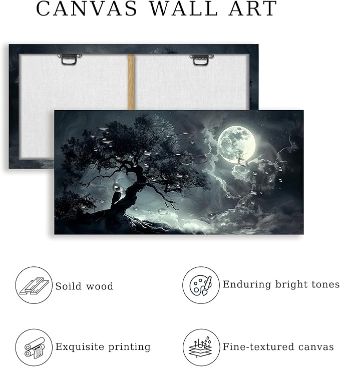 SERIMINO Large Wall Art for Living Room, Dark Landscape Canvas Prints Paintings, Moonlit Night Pictures Wall Decor Aesthetic, Moon and Tree Modern Home Decor Bedroom Bathroom Office Artwork 24"X48"
