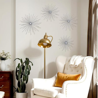 Shimeyao 4 Pcs Metal Starburst Wall Decor Silver Metal Wall Art 3D Spike Bling Finish Star Burst Hangings Accents Sculptures Set Modern Mid Century Decorations for Living Room Bedroom Entryway