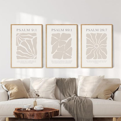 Joocrise Scripture Christian Wall Art Set of 3 Beige Bible Verses Wall Decor Neutral Psalm Canvas Wall Art Modern Pictures Flower Prints Christian Artwork for Living Room Bedroom 24x36 Inch Unframed