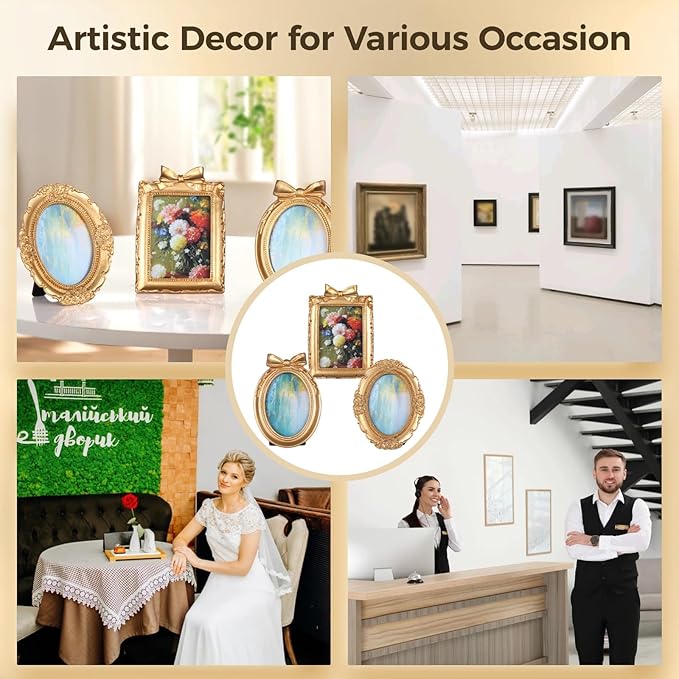 4 Styles Vintage Picture Frames, Small Golden Picture Frames, 4 Sizes Picture Frame 5.5''x4.6''/4.7''x4.7''/5.9''x7.7''/4.5''x5.4'',Collage Wall Mount & Tabletop Photo Display for Gallery Home Decor (Pack of 3)