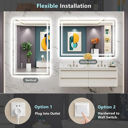 48x30 LED Bathroom Mirror with Lights, Backlit and Front Lit Anti-Fog Lighted Vanity Mirrors for Bathroom Wall, Dimmable, 3-Color Light, Memory, Shatter-Proof, HD Tempered Glass, CRI＞90