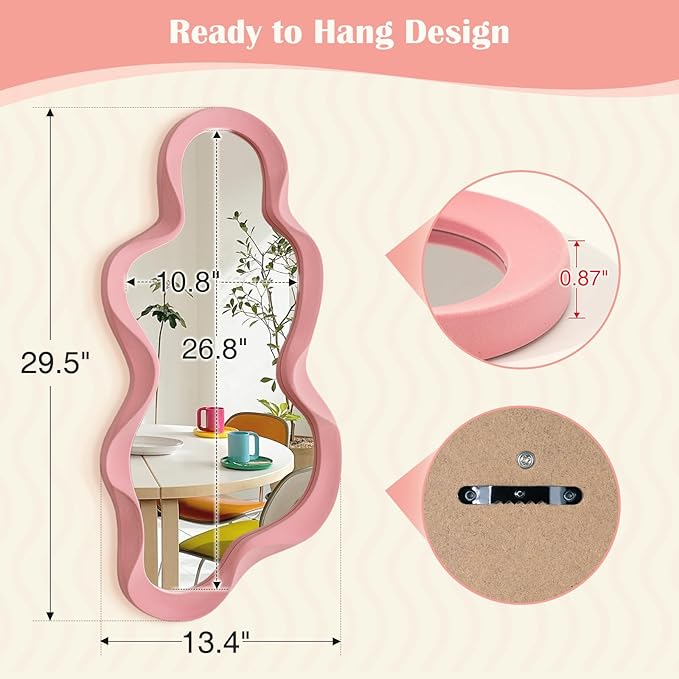 Wavy Mirror Wall Decor for Living Room, 13.8x29.7 Asymmetrical Wall Mounted Mirror with Velvet Touch for Girly Bedroom Decoration, Unique Home Accent for Modern Room Aesthetics (Light Pink)