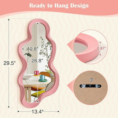 Wavy Mirror Wall Decor for Living Room, 13.8x29.7 Asymmetrical Wall Mounted Mirror with Velvet Touch for Girly Bedroom Decoration, Unique Home Accent for Modern Room Aesthetics (Light Pink)