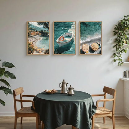 Aryroi Italy Spring Coastal Seascape Framed Canvas Wall Art Set,Mediterranean Amalfi Italian Blue Green Seaside Beach Decor,Natural Foreign Travel City Summer Artwork for Living Room,Farmhouse- 24"x36"x3