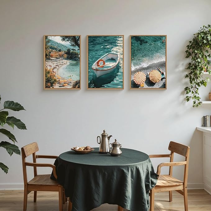 Aryroi Italy Coastal Seascape Framed Canvas Wall Art Set,Mediterranean Amalfi Italian Blue Green Seaside Beach Decor,Natural Foreign Travel City Summer Artwork for Living Room,Farmhouse- 16"x24"x3