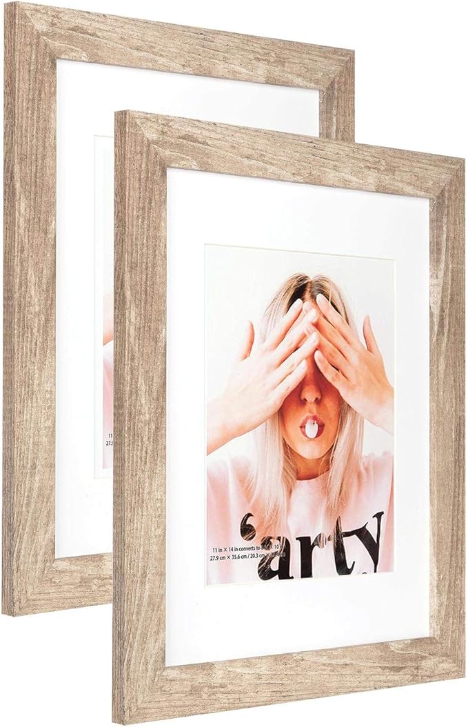 Wide Molding Rustic 11x14 Picture Frames, Made of HD Glass Display Picture 8x10 with Mat, Light Brown Photo Frame for Wall Mounting, 2 Sets