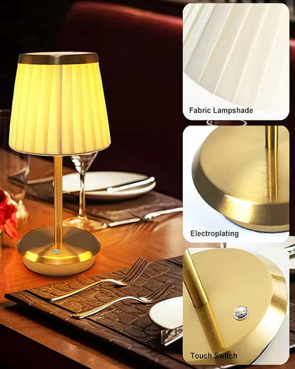 SAGAZZO Italian Style Cordless Table Lamp with Dimmer, 4200 mAh Rechargeable Battery, 3 Different Color temperatures Fabric Shade Desk Lamp, Bedside Night Lamp for Restaurant/Camp Living & Dining Room