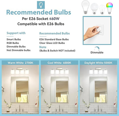 Honesorn 4-Light Bathroom Vanity Light Fixture, Brushed Nickel, Modern With Frosted Shade & Anti-Rust Finish, E26 Base Lighting